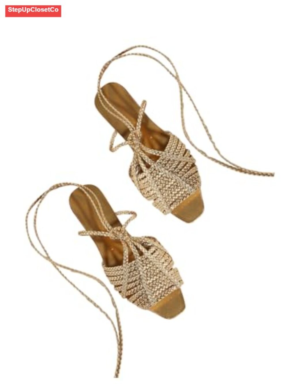 Lace Up Flat Sandals Braided Strappy Slide Square Open Toe PU Leather